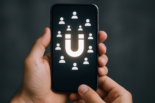 Close-up of hand holding smartphone displaying social network icons and user profile images. - Powered by Adobe