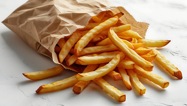 French fries on a white plate, 8K image