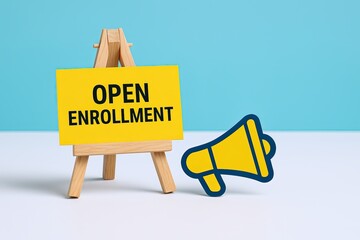 Bright Yellow Open Enrollment Signboard with Megaphone Icon on Light Blue Background.