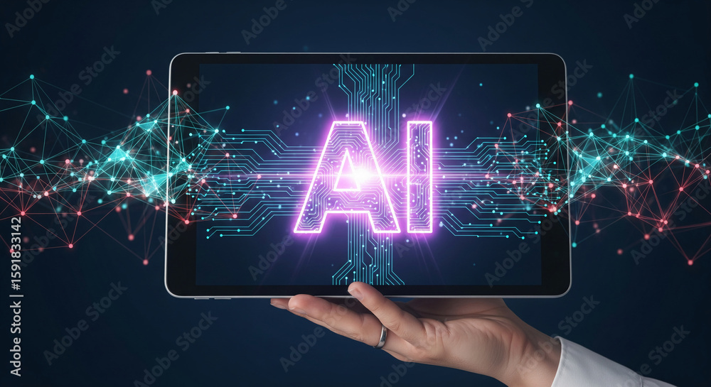 Fototapete Hand holding tablet displaying glowing AI letters on circuit board design, surrounded by digital network nodes, symbolizing artificial intelligence and technological innovation
