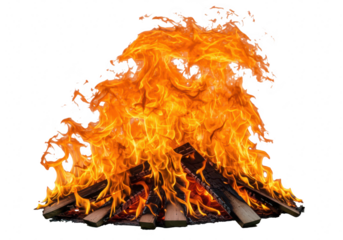 A large bonfire of wood burns intensely with vibrant orange flames, isolated on a transparent background
