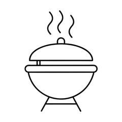 Line art illustration of a barbecue grill with open lid and smoke