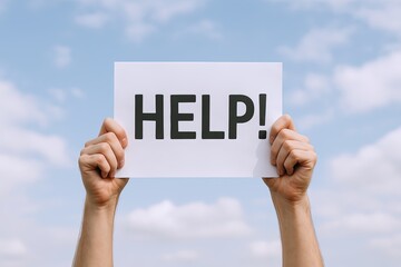 Hands Holding a Sign with the Word HELP Against a Bright Sky Background.