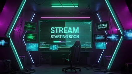 Stream Starting Soon: Neon Gaming Room Setup. Stream starting soon screen, overlay loop, animated virtual backgrounds, cozy lo-fi gaming room, vtuber asset twitch zoom OBS, livestreaming. - Powered by Adobe