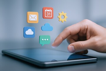 Innovative digital technology concept with floating app icons above smartphone screen.