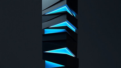 Abstract Black Geometric Structure with Bright Blue Neon Accents; Modern, Minimalist Design.