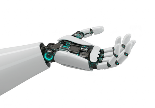 A detailed robotic hand with an open palm, showcasing advanced technology, isolated on white isolated on transparent background - Powered by Adobe
