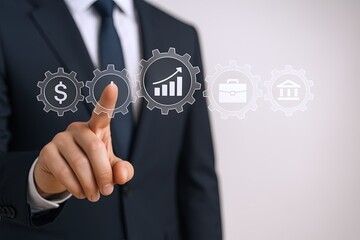Businessman in formal suit interacting with digital interface displaying financial and growth icons.