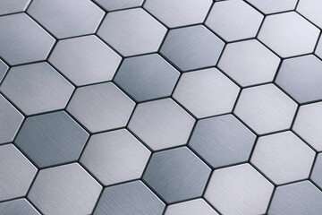 Naklejka premium Close-up of metallic hexagonal tiles with textured surface in a repeating pattern.