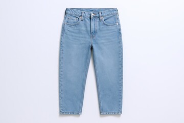 Classic blue denim jeans with straight legs and five pocket design for casual wear.