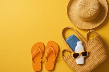 Fashionable summer beach accessories with hat sunglasses sunscreen bottle and flip flops on vibrant yellow background.