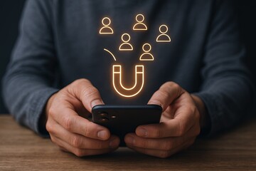 Close up of a person holding a smartphone with glowing social media icons and followers above.