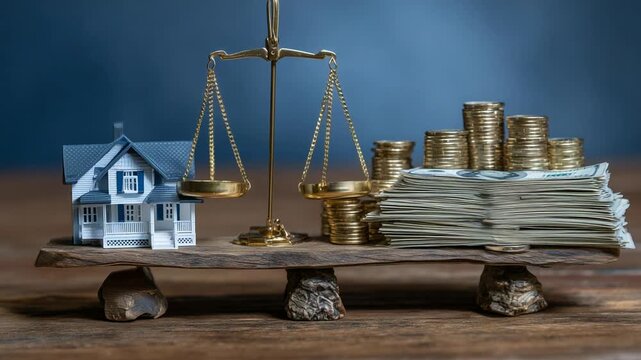 A giant scale balances a house and stacks of money, symbolizing mortgage debt versus property value in suburban financial planning.