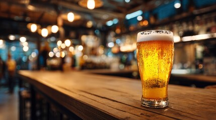 A refreshing pint of golden beer sits on a wooden bar, ready to quench thirst in a pub
