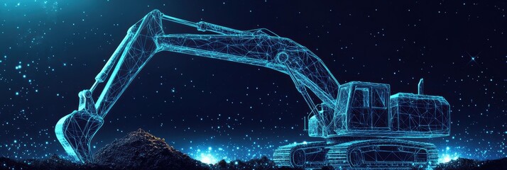3D graphic representation of an excavator working on a construction site at night
