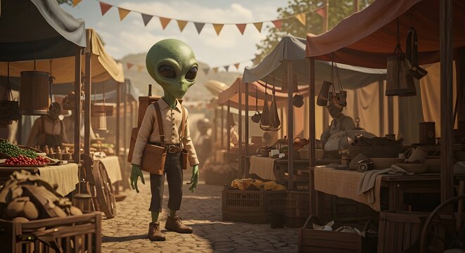 Vintage Alien Explorer Walking in Old Market Street"