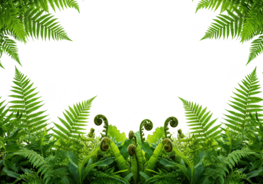 A lush frame of green fern leaves and unfurling fronds against a clean transparent background - Powered by Adobe