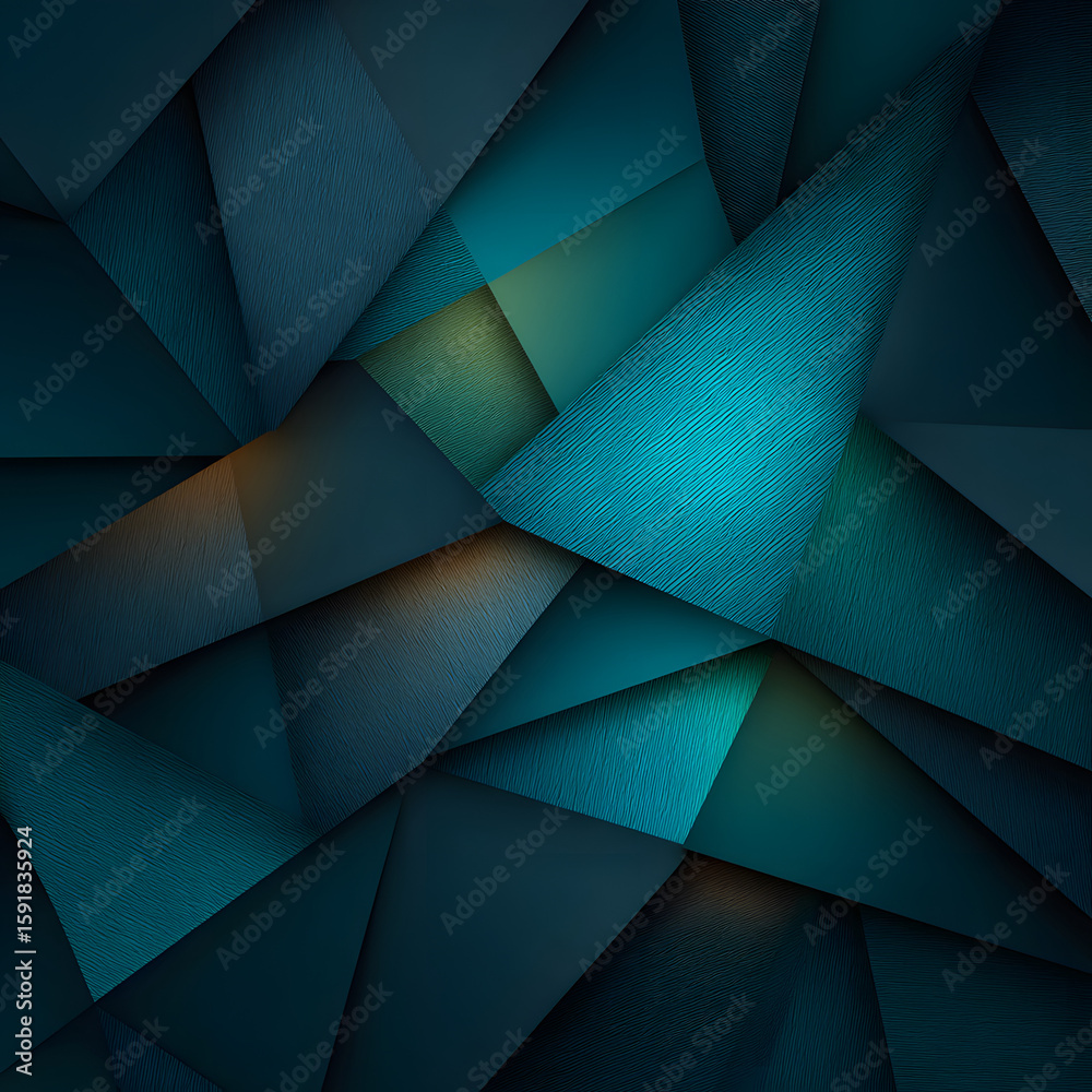 Poster a dark teal geometric background featuring sharp angles and overlapping polygons, creating a dynamic