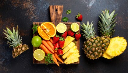 Colorful fruit and vegetable medley on rustic wooden board