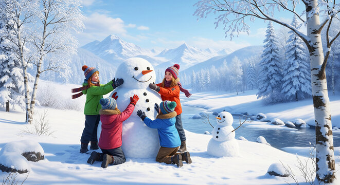 Four children build a large snowman in a snowy winter landscape, mountains in background, showcasing winter fun and childhood joy