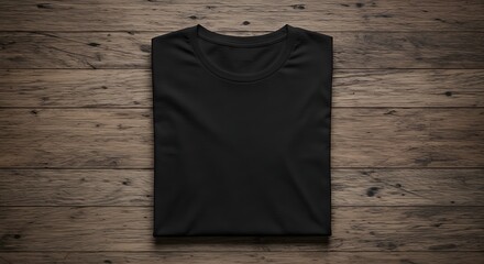 A neatly folded black tshirt rests on a vintage wooden table surface