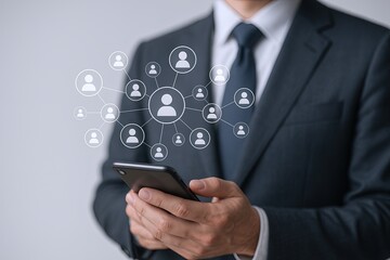 Businessman in suit holding smartphone with connected social network icons on digital screen.