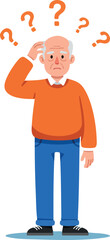 Elderly man confused with question marks above head in orange sweater and blue jeans vector illustration
