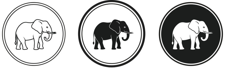 Obraz premium Elegant elephant illustrations showcase a circular design in black and white variations, perfect for brand identity and stickers.