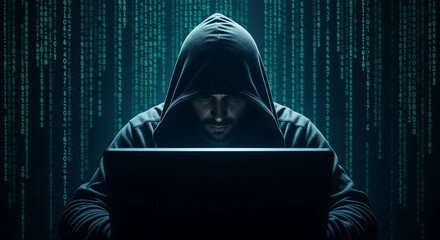 Hooded figure working on laptop, green digital code background, symbolizes cybersecurity, hacking, data privacy, or digital world
