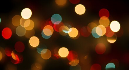 Fototapeta premium Warm festive bokeh lights with colorful blurred circles on dark holiday background