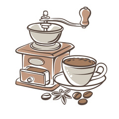Hand-drawn colored vector of a vintage coffee grinder with cup, coffee beans, anise, and saucer. Warm cozy drink scene, perfect for cafes, menus and kitchen decor