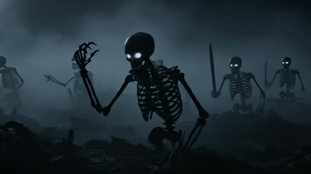 A menacing horde of skeletal figures emerges from the shadowy depths, evoking fear and mystery.