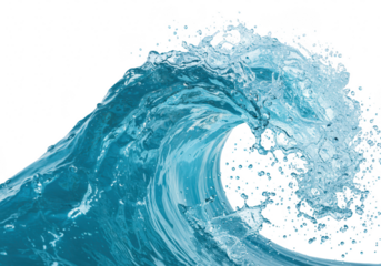 A powerful blue ocean wave splashes and crests, isolated against a transparent background