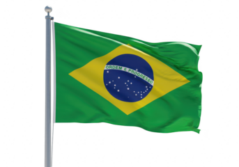 The national flag of brazil waves proudly on a flagpole, isolated on a transparent background