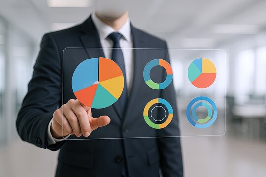 Businessman in formal suit interacting with futuristic digital holograms displaying colorful pie charts. - Powered by Adobe