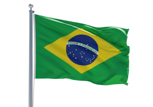 The national flag of brazil waves proudly on a flagpole, isolated on a transparent background