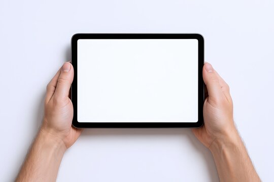 Person Holding Tablet Computer with Blank Screen in Landscape Position on White Surface.