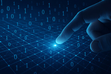 Understanding digital transformation technology and binary code with finger on screen concept