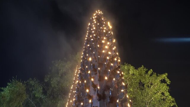 Deepa Stambh Lit at Night &ndash; Glowing Tower of Diyas in Hindu Temple Festival