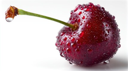 A vibrant, single cherry glistening with water droplets is set against a clean, bright background.
