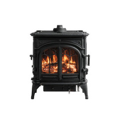 Black cast iron stove with burning fire