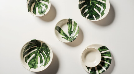 Contemporary ceramic bowls and plates feature tropical monstera leaf designs set against a clean, bright white background.