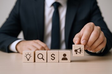 Obraz premium Businessperson in formal suit arranging wooden blocks with icons symbolizing ideas finance and growth.
