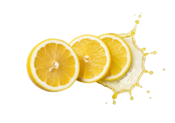 A vibrant yellow lemon, halved with juicy segments, and two thin slices beside. Dynamic juice splash with scattering droplets, isolated on a transparent background, top-down, sharp focus, high