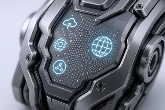 Futuristic smart watch with digital interface displaying cloud network globe and icons. - Powered by Adobe
