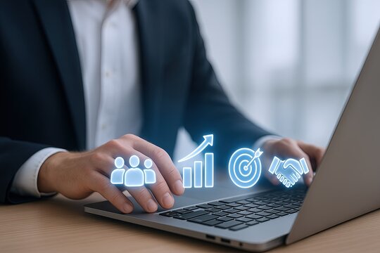 Business professional using modern digital icons for growth teamwork and success.