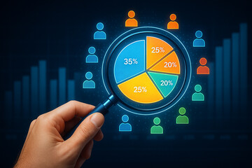 Market segmentation analysis with pie chart and magnifying glass for business strategy success one hundred
