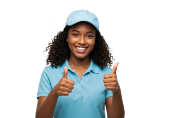 A happy woman in a blue cap and shirt, giving two thumbs up, isolated on a transparent background