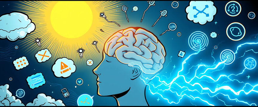 8K comic illustration of a person with a glowing brain exposed, surrounded by floating thought bubbles and spiraling error icons. Calm yellow light above, electric blue mental storm below.

