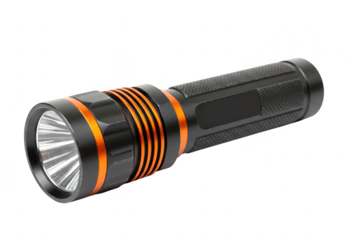 A black and orange led flashlight with a textured grip, isolated on a transparent background